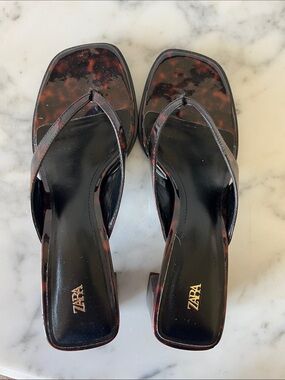 Zara Tortoiseshell Square-Toe Slide Sandals - Black and Brown